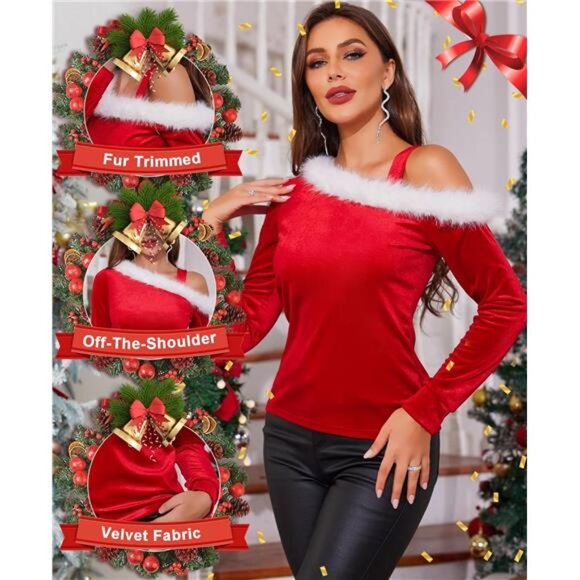 Shoulder Top – Women’s Santa Velvet Off-the-Shoulder Sweater with Fur Trim - Picture 3 of 6